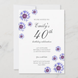 Blue Floral 40th Birthday Party Invitation