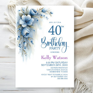 Blue Floral 40th Birthday Party Invitation