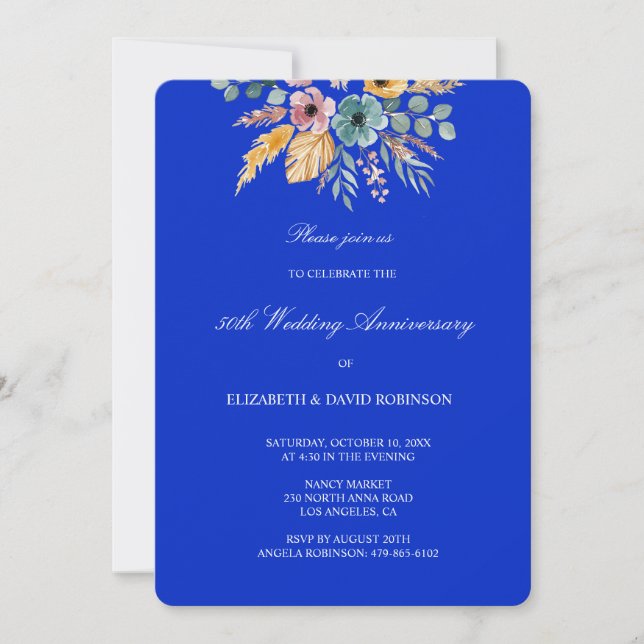 Blue floral 50th anniversary wedding  invitation (Front)