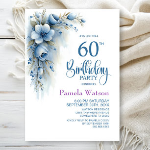 Blue Floral 60th Birthday Party Invitation
