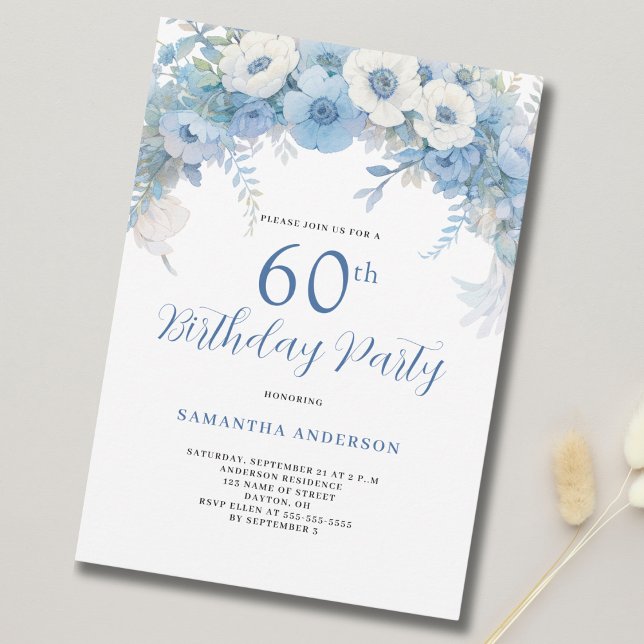 Blue Floral 60th Birthday Party  Invitation (Creator Uploaded)