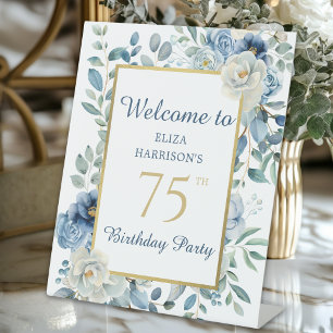 Blue Floral 75th Birthday Party Welcome Pedestal Sign