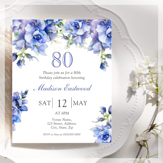  Blue Floral 80th Birthday Budget Invitation (Creator Uploaded)