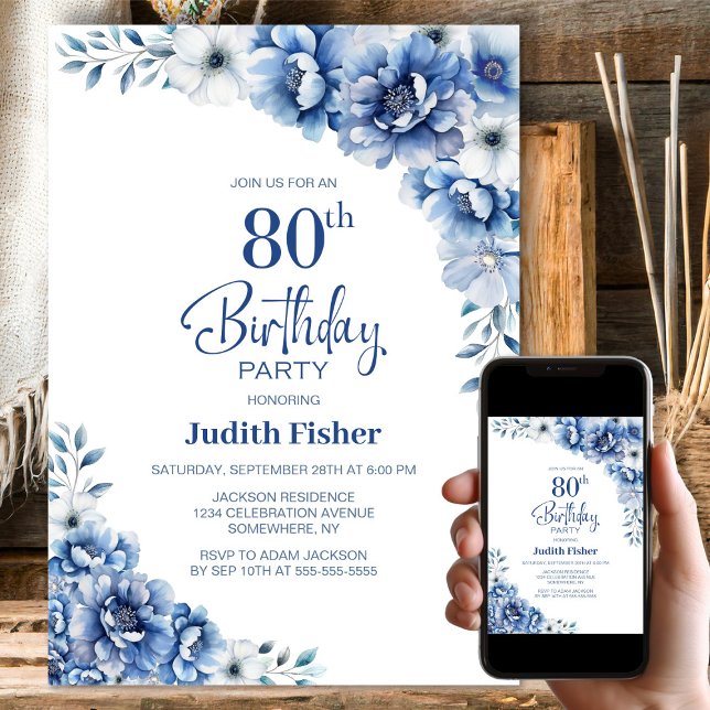 Blue Floral 80th Birthday Party Invitation (Creator Uploaded)