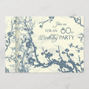 Blue Floral 80th Birthday Party Invitation Cards