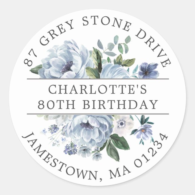 Blue Floral 80th Birthday Return Address Label (Front)