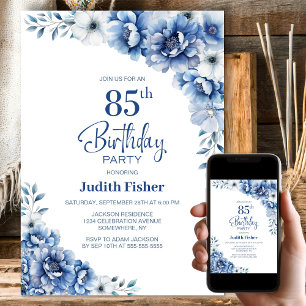 Blue Floral 85th Birthday Party Invitation