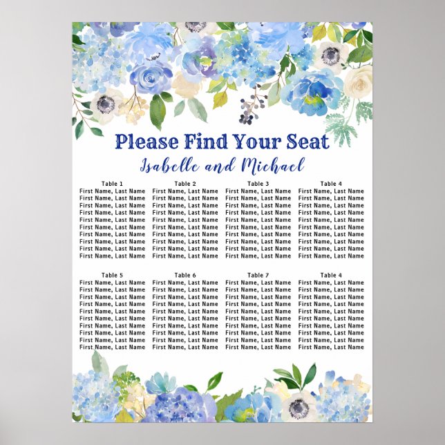 Blue Floral 8-Table Wedding Seating Chart (Front)