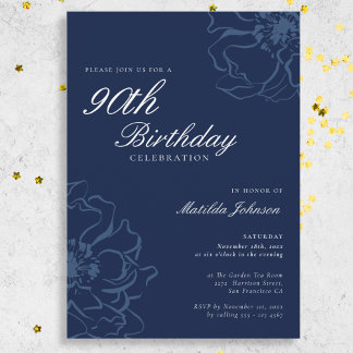 Blue Floral 90th Birthday Party Invitation