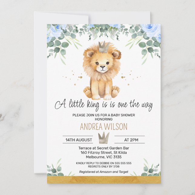 Blue Floral A Little King Lion Baby Shower Invitation (Front)