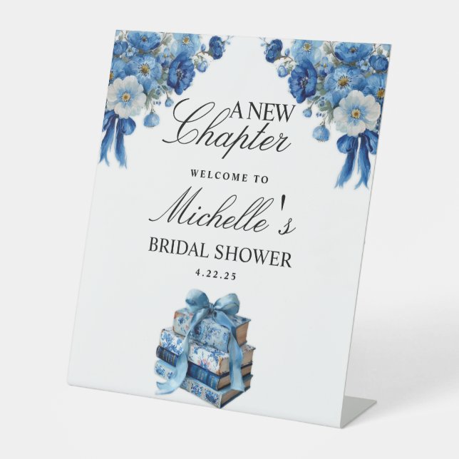 Blue Floral A New Chapter Bridal Shower Sign (Front)