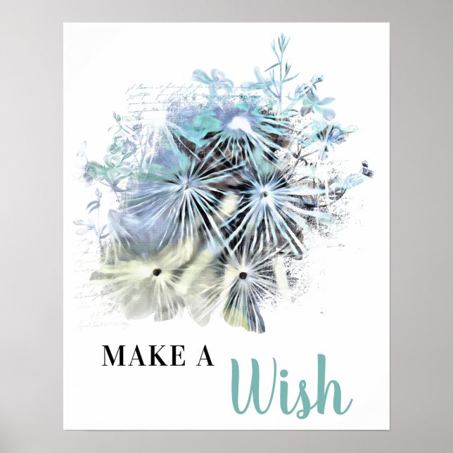 *~* Blue Floral Abstract DANDELION Make A Wish  Poster (Front)