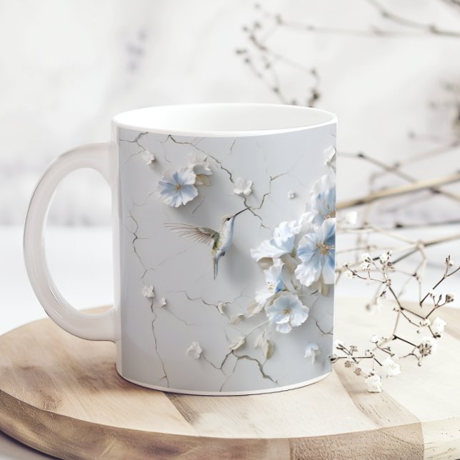 Blue Floral Add Name Hummingbird Coffee Mug (Créateur téléchargé)