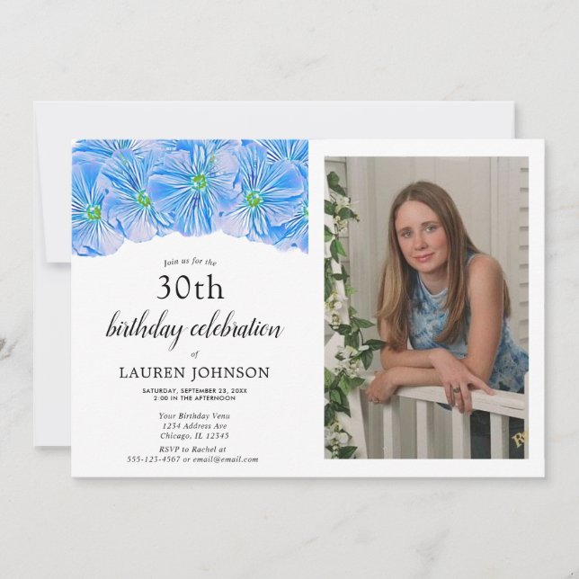 Blue Floral Adult Birthday Photo Invitation (Front)