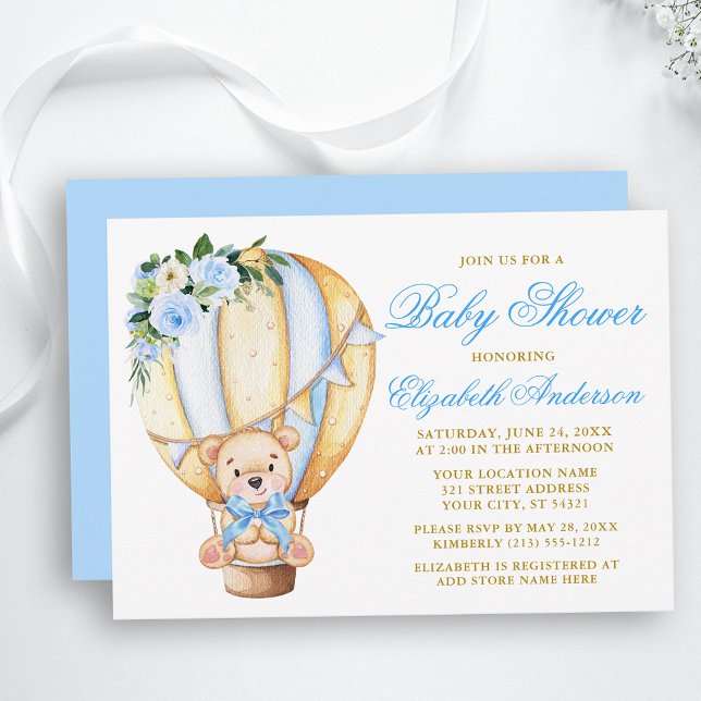 Blue Floral Air Balloon Teddy Bear Baby Shower Invitation (Customize to change text color, size, style or to change color of back of card.)