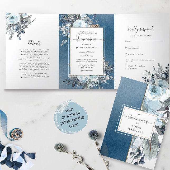 Blue Floral All in One Quinceañera with RSVP Tri-Fold Invitation (Creator Uploaded)
