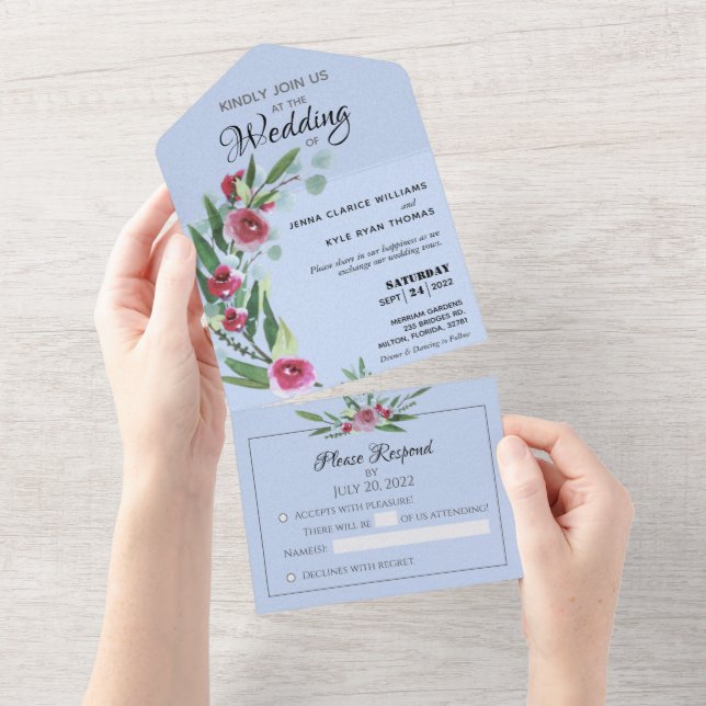 Blue Floral All in One Wedding Invite No ENV Req (Tearaway)