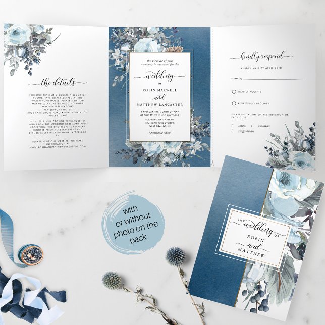Blue Floral All in One Wedding with RSVP Tri-Fold Invitation (Creator Uploaded)