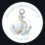 Blue Floral Anchor Nautical Bridal Brunch Classic Round Sticker<br><div class="desc">Add a charming finishing touch to your celebration with customizable bridal brunch stickers featuring a watercolor floral anchor adorned with soft white and blue flowers and whimsical script. Perfect for sealing envelopes, decorating favors, or adding detail to gift bags, these stickers create a cohesive and stylish look. The coastal-inspired botanical...</div>