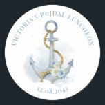 Blue Floral Anchor Nautical Bridal Luncheon Classic Round Sticker<br><div class="desc">Add a charming finishing touch to your celebration with customizable bridal luncheon stickers featuring a watercolor floral anchor adorned with soft white and blue flowers and whimsical script. Perfect for sealing envelopes, decorating favors, or adding detail to gift bags, these stickers create a cohesive and stylish look. The coastal-inspired botanical...</div>