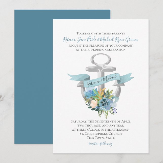 Blue Floral Anchor Nautical Watercolor Wedding Invitation (Front/Back)
