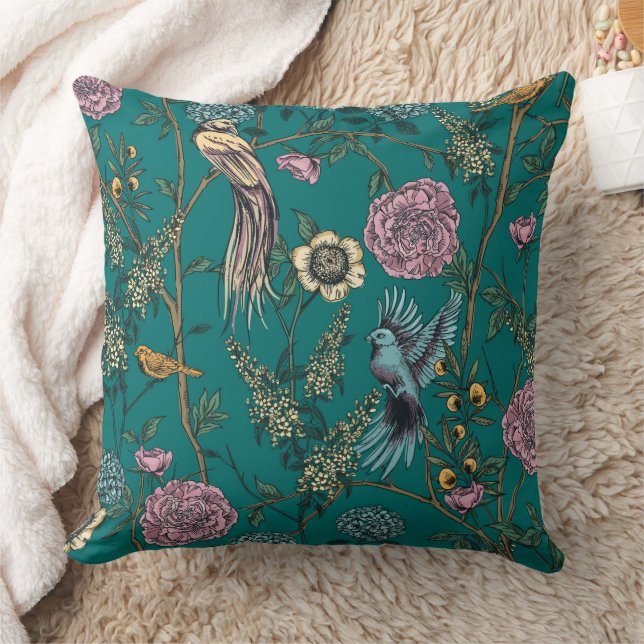 Blue Floral and Bird Floral  Throw Pillow (Blanket)