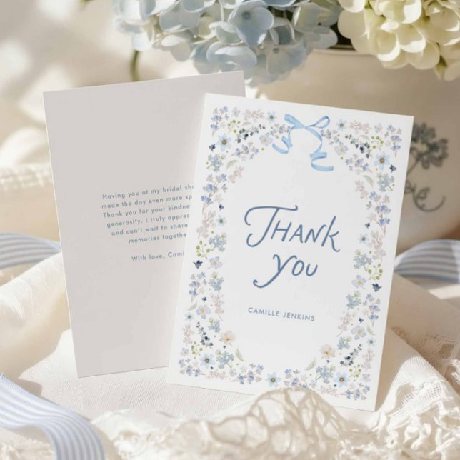 Blue Floral and Bow Bridal Shower Thank you  Card (Blue Floral Bridal Shower Thank you Card with message)