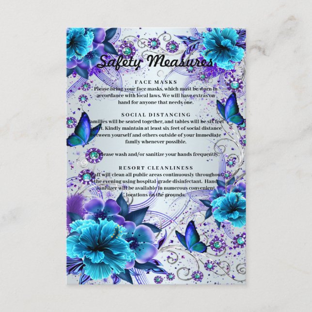 Blue Floral And Butterfly Wedding Safety Measures Enclosure Card (Front)