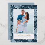 Blue Floral and Gold Hanukkah Photo Foil Holiday Card<br><div class="desc">Dark blue floral design by Shelby Allison. Personalize this Hanukkah photo card with your picture and real gold foil printing.</div>