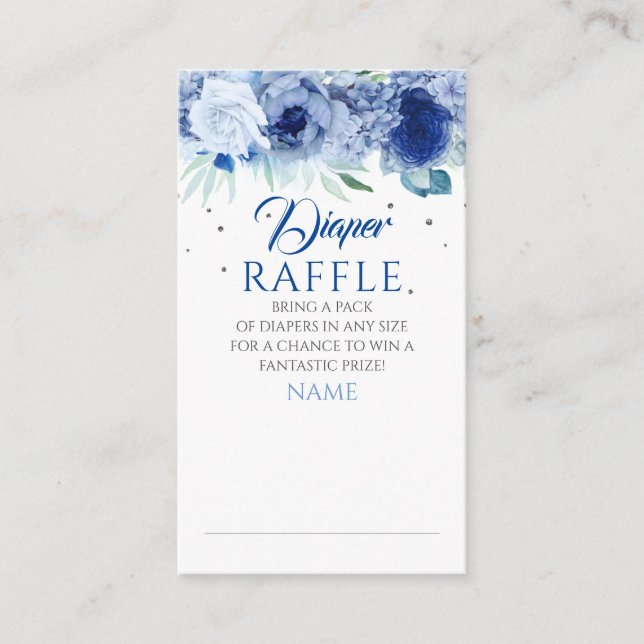 Blue Floral and Silver Dots Diaper Raffle Ticket Enclosure Card (Front)