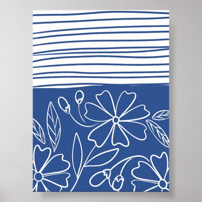 Blue Floral and Striped – Modern Boho Botanic Poster (Front)