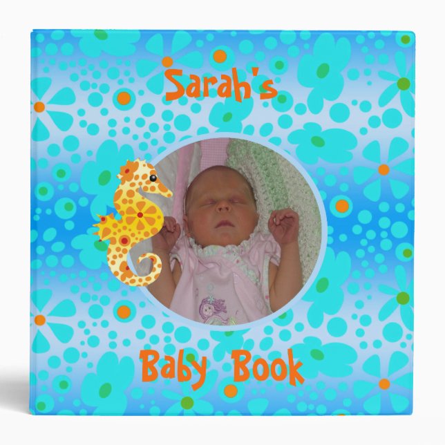 Blue Floral and Yellow Seahorse Baby Book Binder (Front)