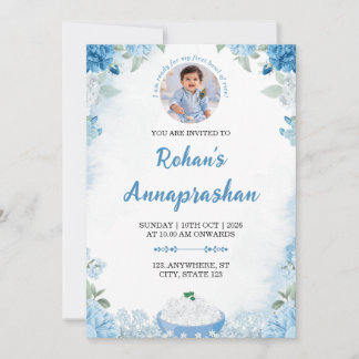 Blue Floral Annaprashan Photo Invitation