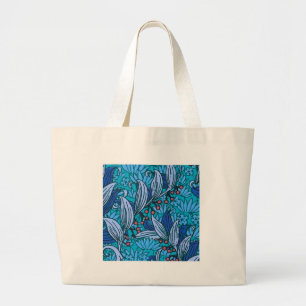 Blue Floral Antique Boho Modern Large Tote Bag