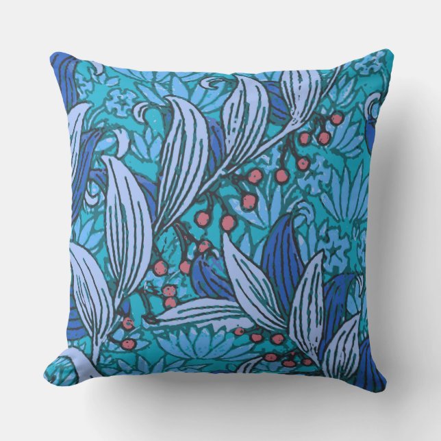 Blue Floral Antique Boho Modern Outdoor Pillow (Front)