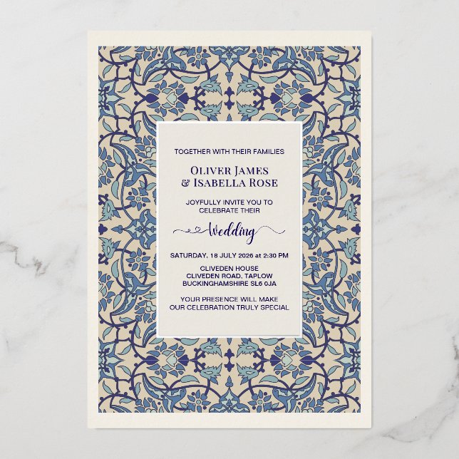 Blue Floral Arabesque Wedding Invitation - La Boca (Front)