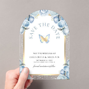 Blue Floral Arch Butterfly Wedding Save the Date Acrylic Invitations