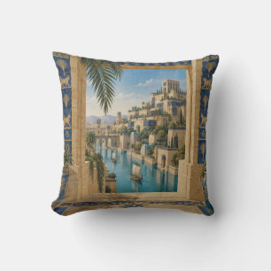 Blue Floral Arch Riverside Palace View Throw Pillow