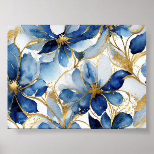 Blue Floral Art Print with Gold Accents