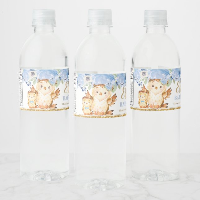Blue Floral Baby and Mommy Owl Baby Shower Favour Water Bottle Label (Bottles)