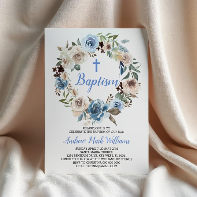 Blue Floral Baby Boy Baptism Invitation (Creator Uploaded)