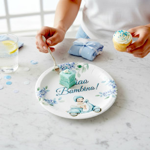 Blue Floral Baby Boy Scooter "Ciao Bambino" Paper  Plate