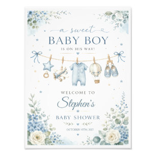 Blue Floral Baby Boy Shower Welcome Sign