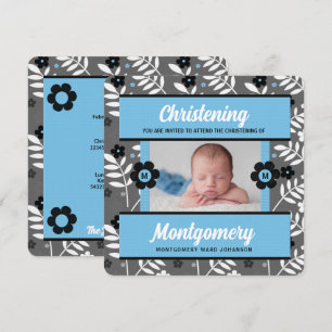 Blue Floral Baby Christening with Photo Invitation
