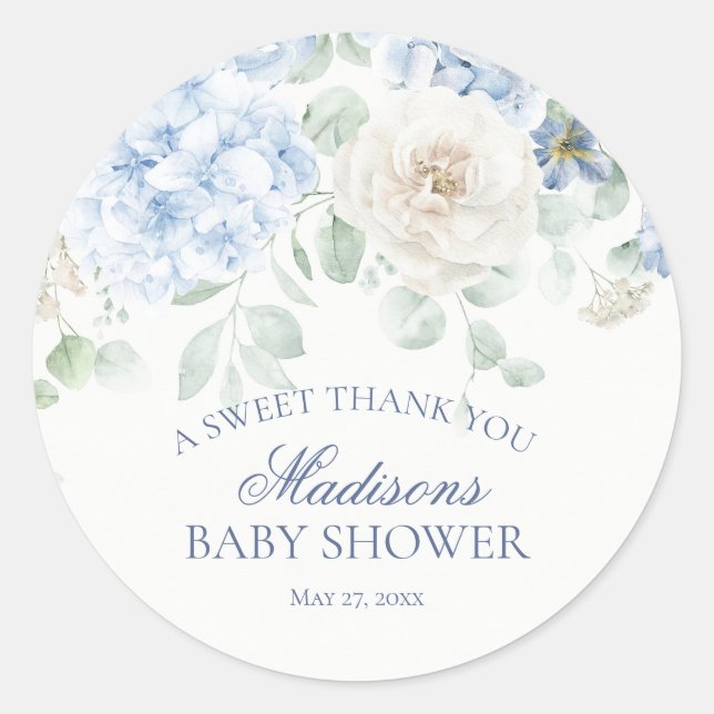 Blue Floral Baby in Bloom Baby Shower Circle Classic Round Sticker (Front)