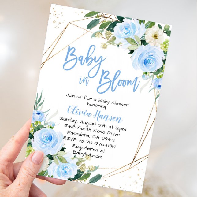 Blue Floral Baby in Bloom Baby Shower Invitation (Creator Uploaded)