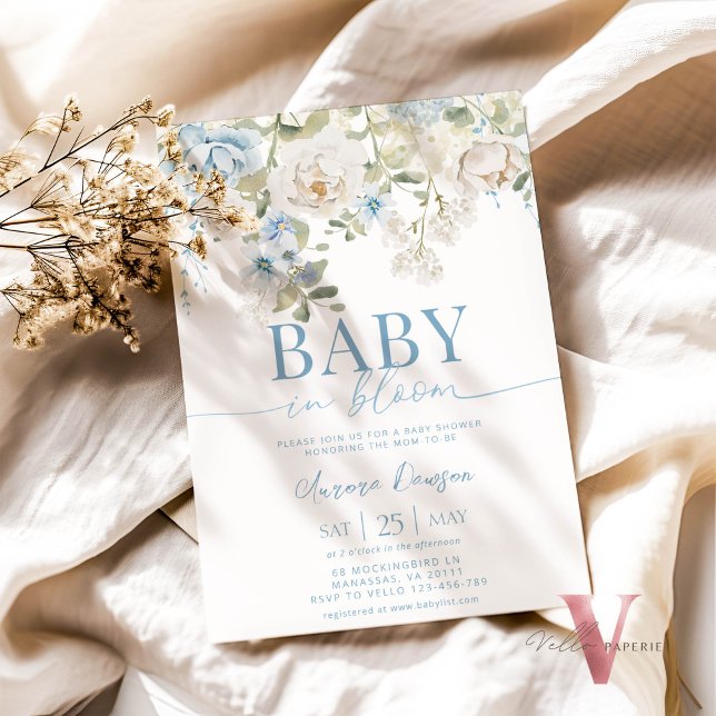 Blue Floral BABY IN BLOOM Baby Shower Invitation (Creator Uploaded)