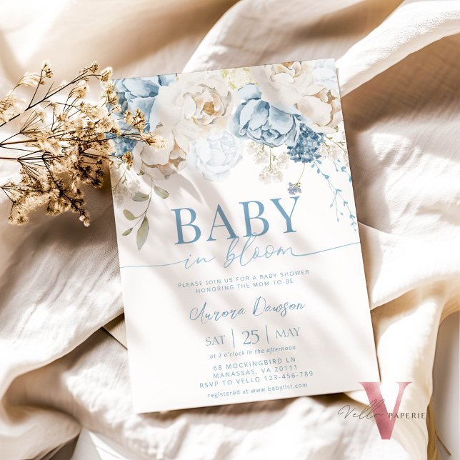 Blue Floral BABY IN BLOOM Baby Shower Invitation (Creator Uploaded)