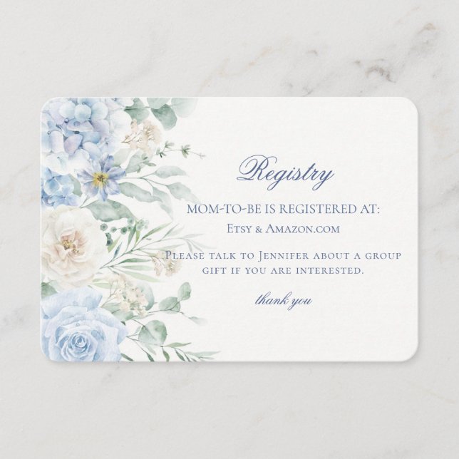 Blue Floral Baby in Bloom Hydrangea Baby Registry Enclosure Card (Front)