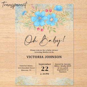 Blue Floral Baby Shower Acrylic Invitations